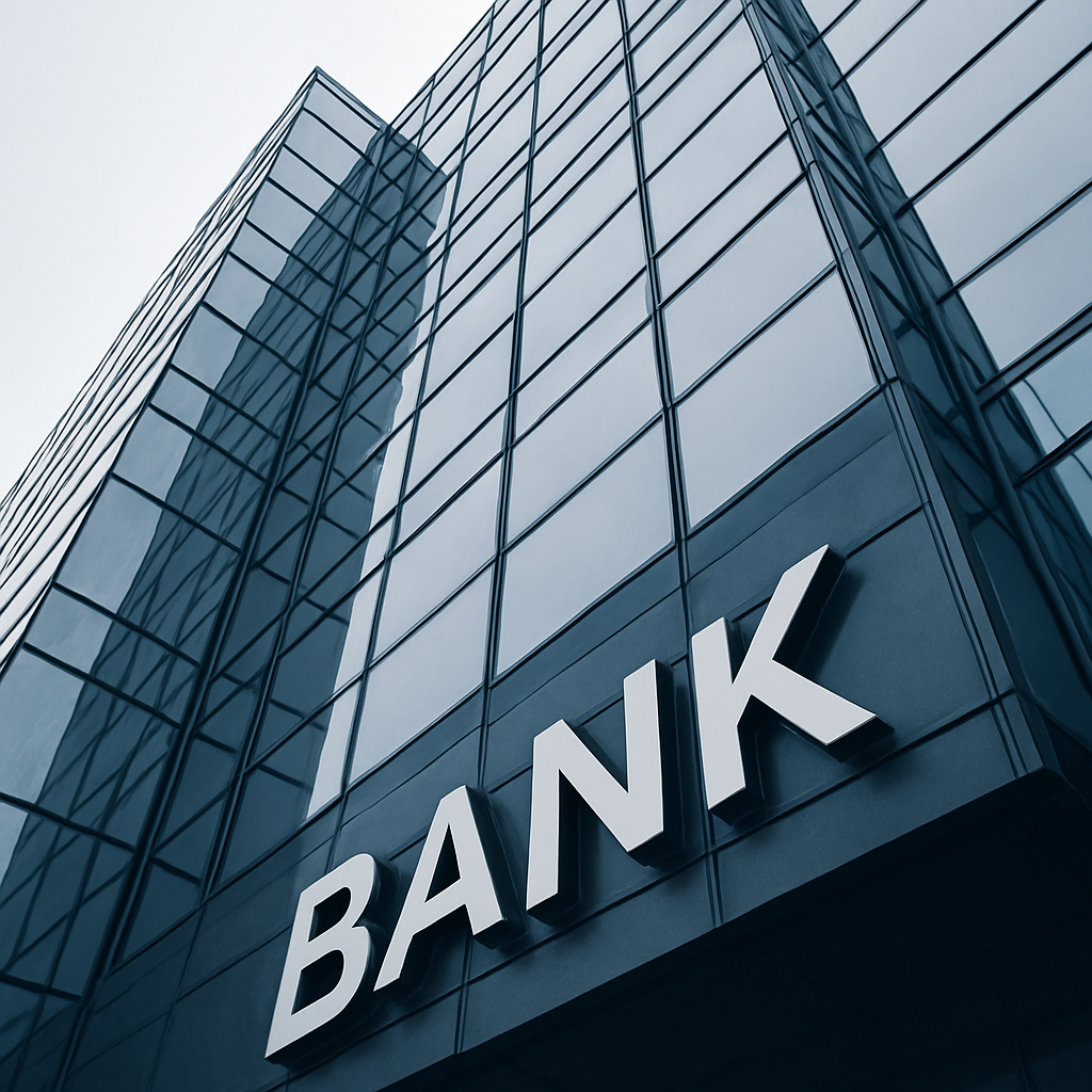 Moderne Glasfassade eines Bankgebäudes als Sinnbild für Sicherheit und Vertrauen